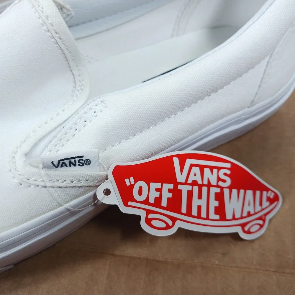 Vans Classic Slip-On White Canvas Sneakers Mens 8 Womens 9.5 VN000EYEB00